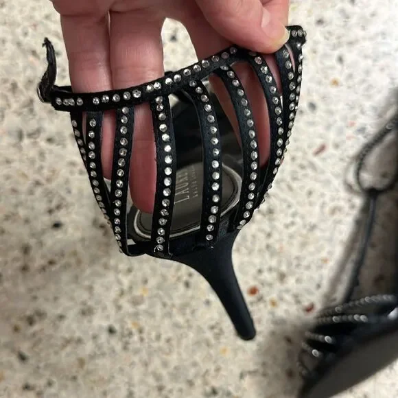 Ralph Lauren black silver rhinestone embellished heel sandal heel 9.5 - Picture 6 of 8